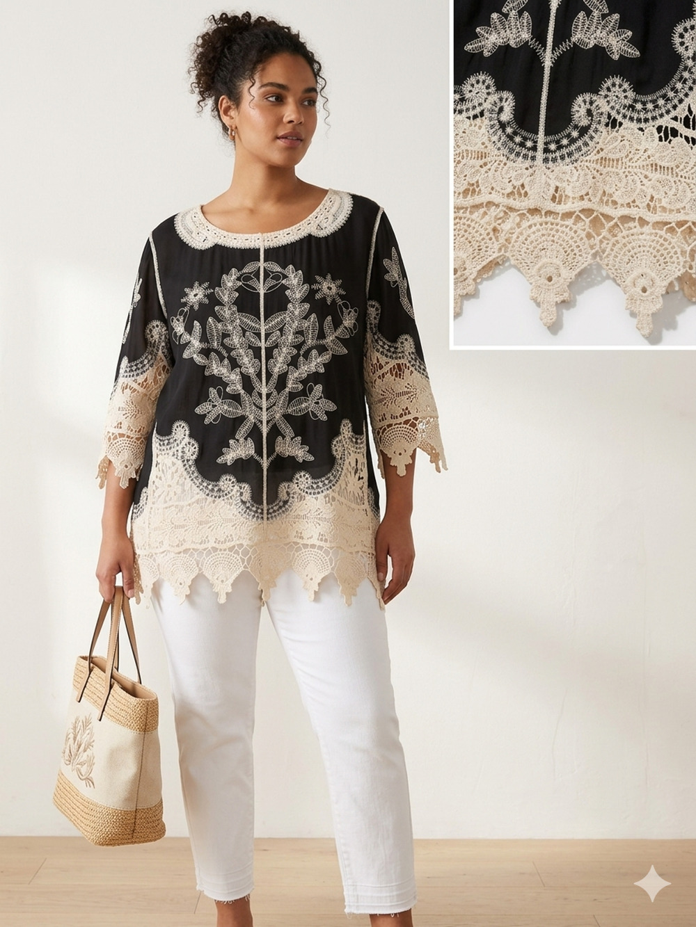 Boho Embroidered Lace Crochet Tunic Top Coastal Grandma Chic Black Sz- 18-20